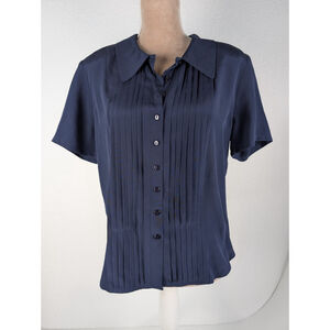 Vintage Silk Pintuck Button Up Blouse Navy Sz 14 Deadstock Old Money Classic